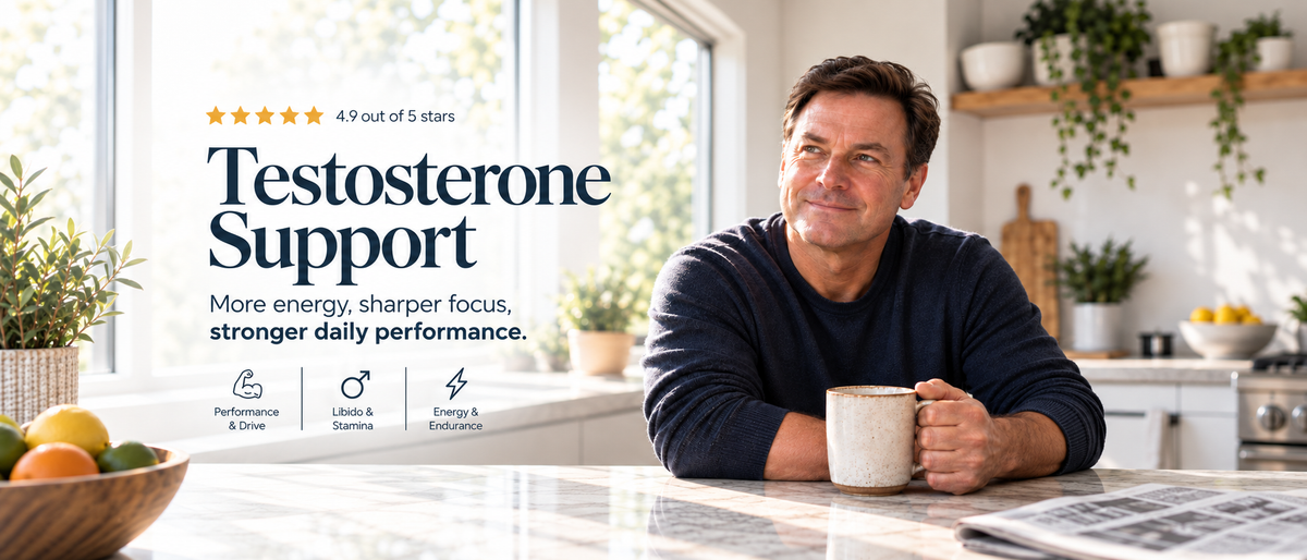 Man sitting confidently at a kitchen counter with a mug, promoting Sentro Labs Testosterone Support supplement for energy, focus and daily performance — rated 4.9 out of 5 stars, manufactured in Ireland