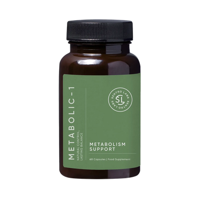 Supplement bottle labeled 'Metabolic-1' on a white background