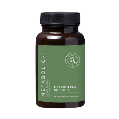 Supplement bottle labeled 'Metabolic-1' on a white background
