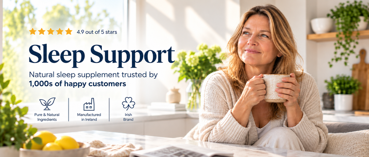 A woman in a cozy living room setting holds a mug next to a large promotional banner for 'Sleep Support'. The banner features a five-star rating, trust badge text, and three product feature icons on the left.