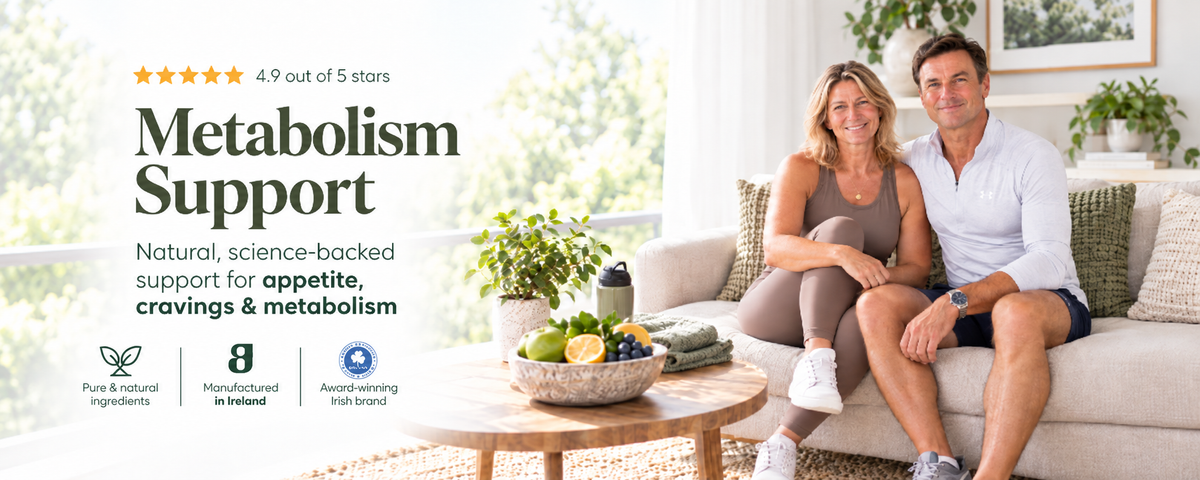 A lifestyle banner for 'Metabolism Support' featuring a smiling couple sitting on a beige sofa in a bright living room. The left side contains text with a five-star rating, product benefits, and small certification logos. Metabolic1
